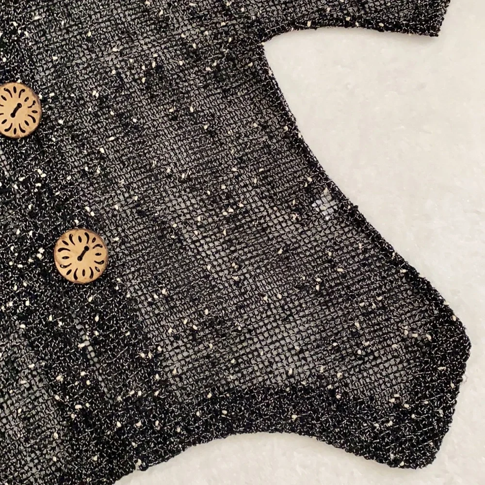Lulu-B | Open Knit Boho Coastal Cardigan Coconut Husk Buttons 7258 Black (M) - Picture 8 of 16
